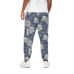White And Blue Lotus Flower Print Cotton Pants