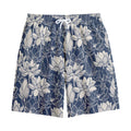 White And Blue Lotus Flower Print Cotton Shorts