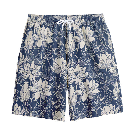 White And Blue Lotus Flower Print Cotton Shorts