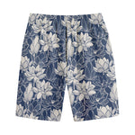 White And Blue Lotus Flower Print Cotton Shorts