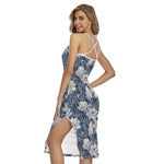White And Blue Lotus Flower Print Cross Back Cami Dress