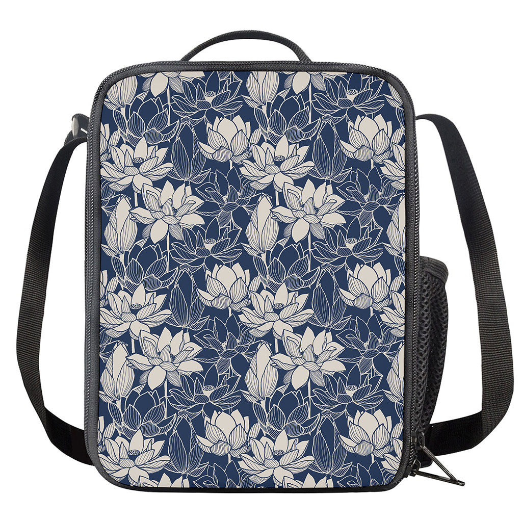 White And Blue Lotus Flower Print Crossbody Lunch Bag
