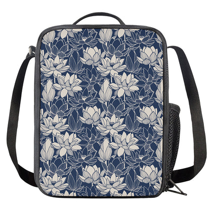 White And Blue Lotus Flower Print Crossbody Lunch Bag