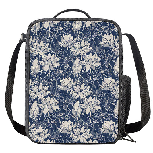 White And Blue Lotus Flower Print Crossbody Lunch Bag