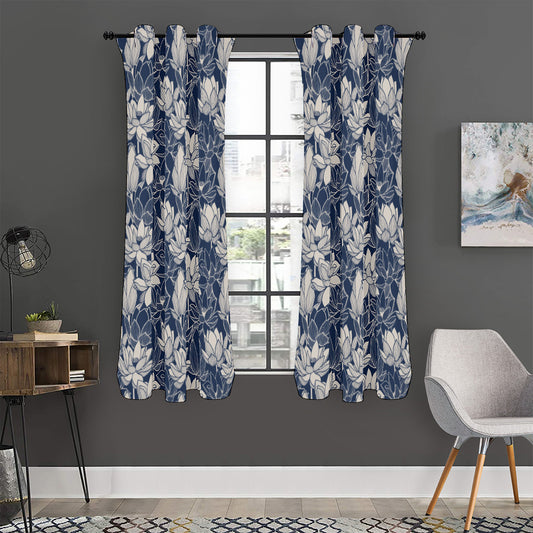 White And Blue Lotus Flower Print Curtain