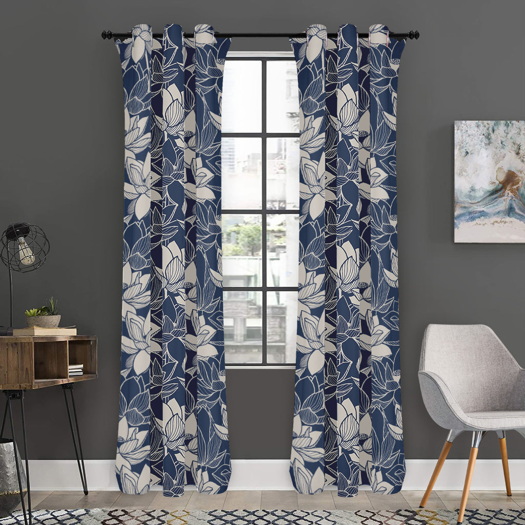 White And Blue Lotus Flower Print Curtain