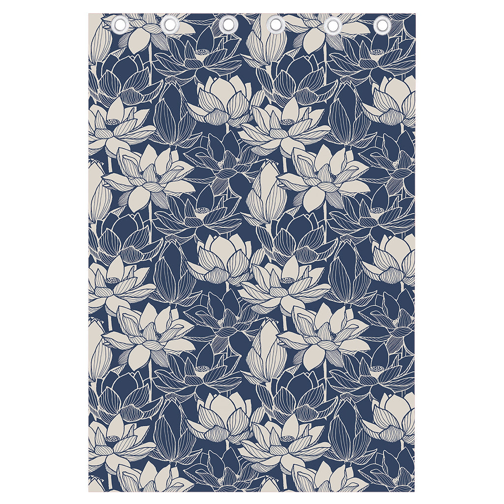 White And Blue Lotus Flower Print Curtain