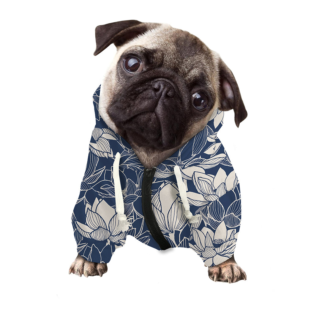White And Blue Lotus Flower Print Dog Zip Up Hoodie