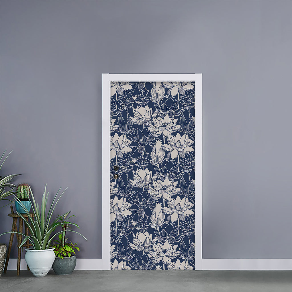 White And Blue Lotus Flower Print Door Sticker