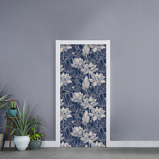 White And Blue Lotus Flower Print Door Sticker