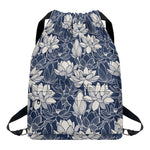 White And Blue Lotus Flower Print Drawstring Backpack