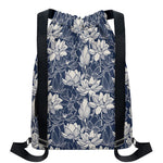 White And Blue Lotus Flower Print Drawstring Backpack