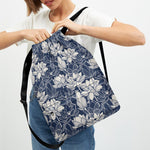 White And Blue Lotus Flower Print Drawstring Backpack