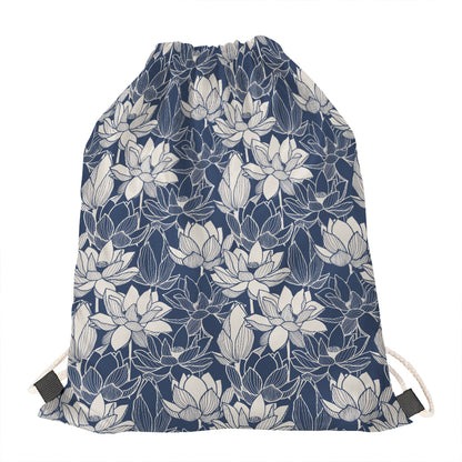White And Blue Lotus Flower Print Drawstring Bag