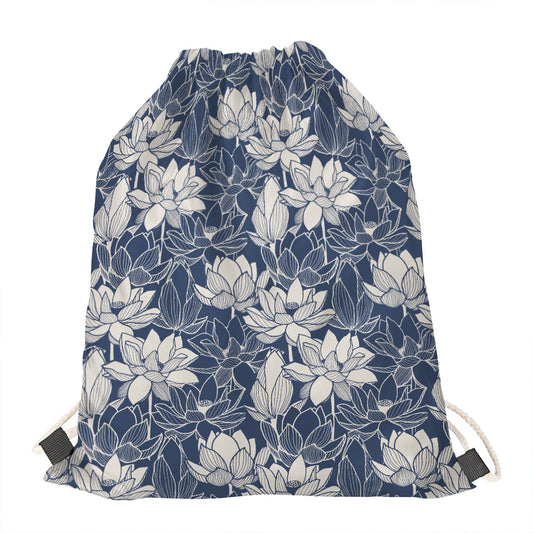 White And Blue Lotus Flower Print Drawstring Bag