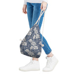 White And Blue Lotus Flower Print Drawstring Bag