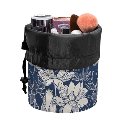 White And Blue Lotus Flower Print Drawstring Makeup Bag