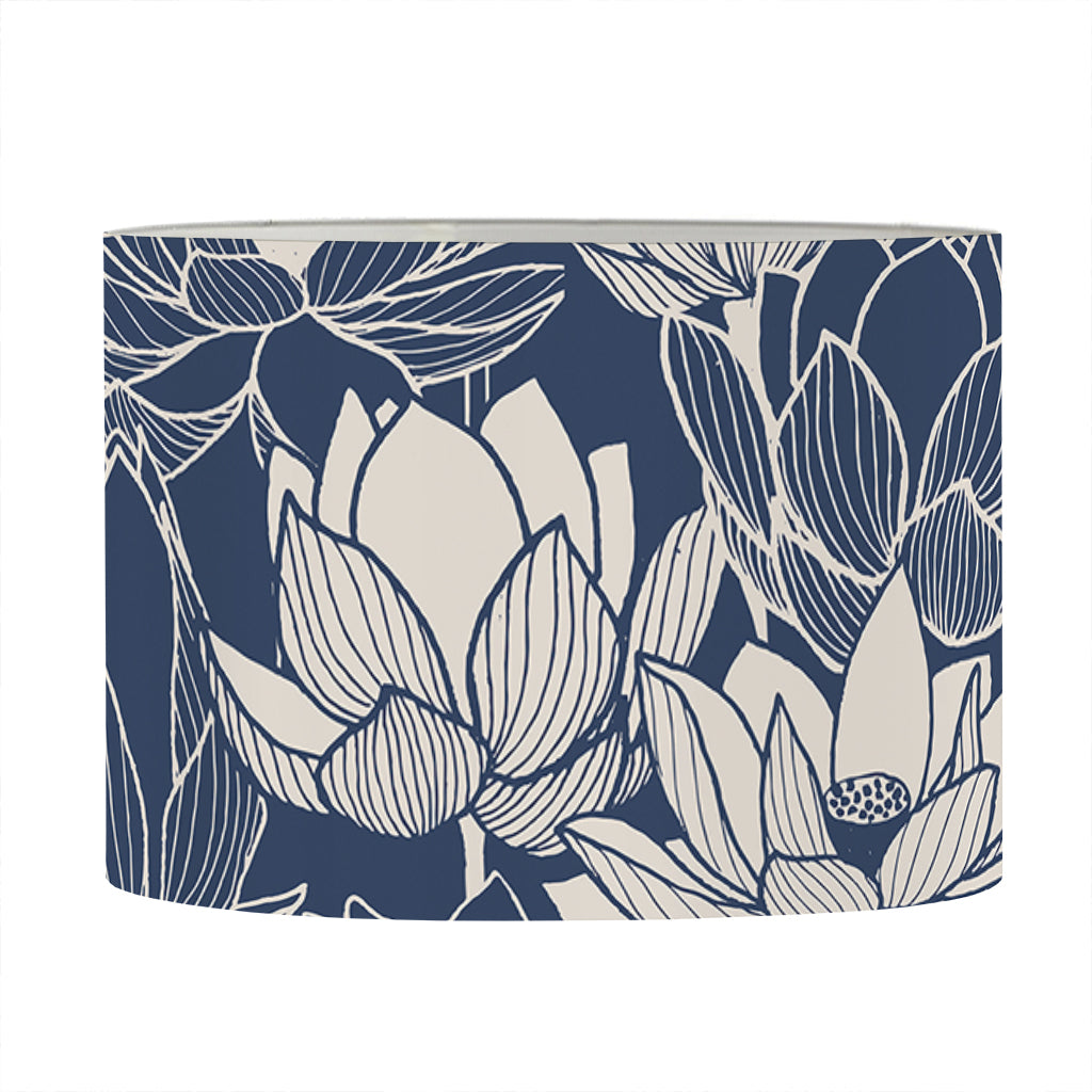 White And Blue Lotus Flower Print Drum Lamp Shade