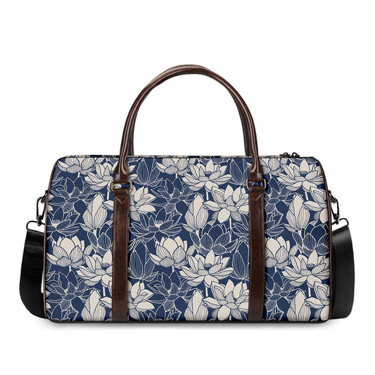 White And Blue Lotus Flower Print Duffle Bag