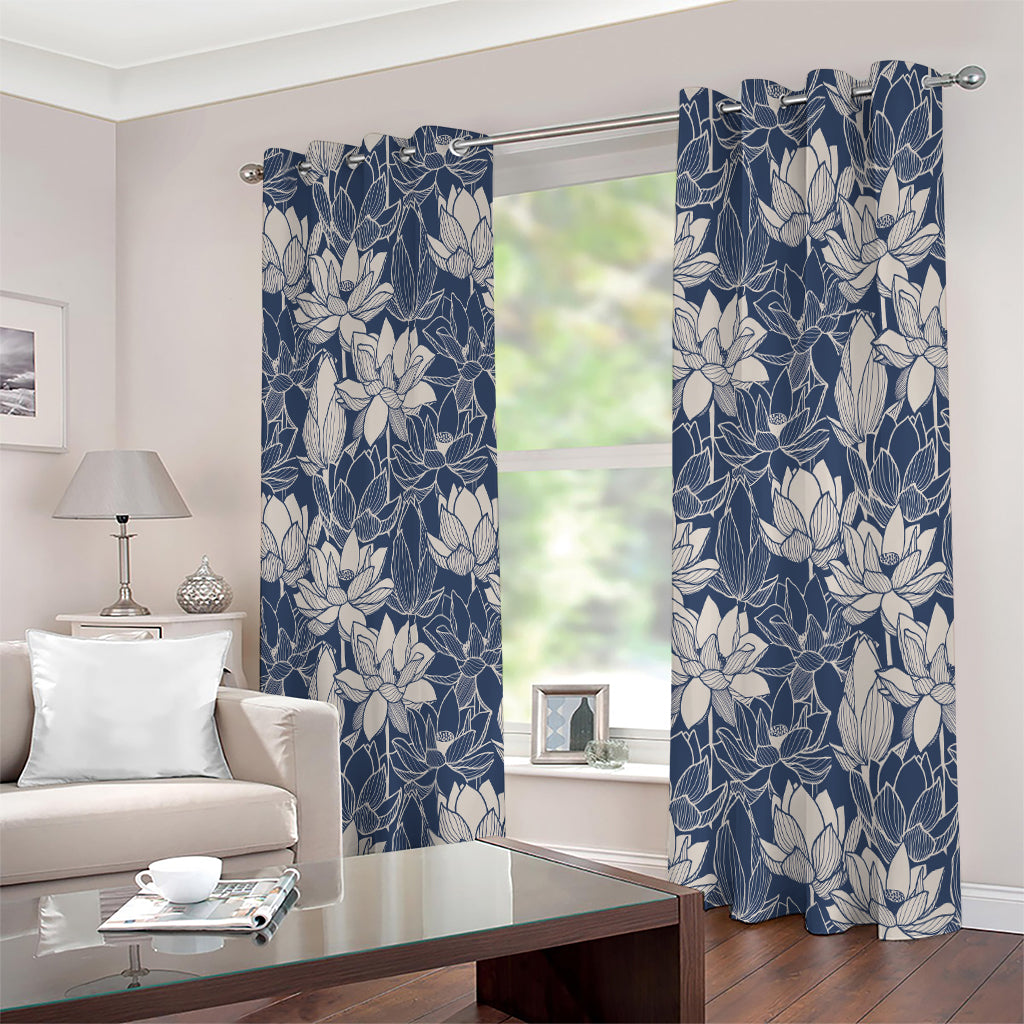 White And Blue Lotus Flower Print Extra Wide Grommet Curtains