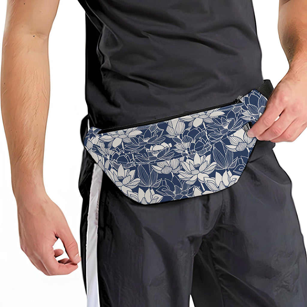White And Blue Lotus Flower Print Fanny Pack