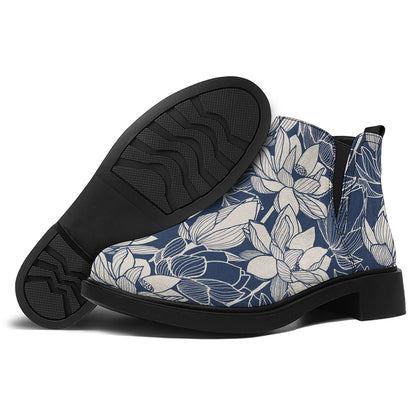 White And Blue Lotus Flower Print Flat Ankle Boots
