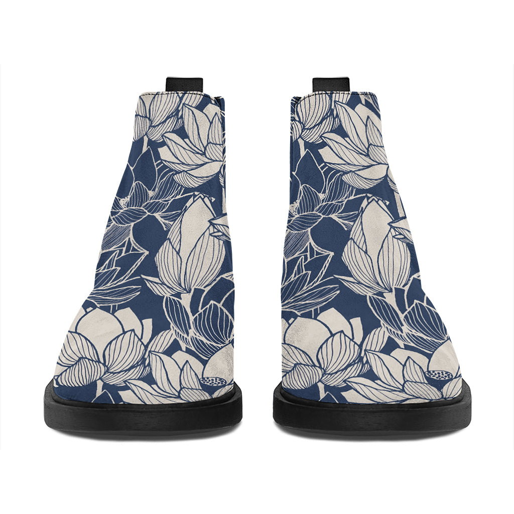 White And Blue Lotus Flower Print Flat Ankle Boots