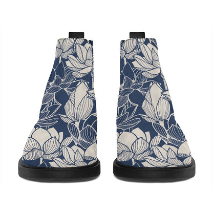 White And Blue Lotus Flower Print Flat Ankle Boots