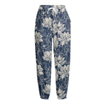 White And Blue Lotus Flower Print Fleece Lined Knit Pants