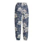 White And Blue Lotus Flower Print Fleece Lined Knit Pants