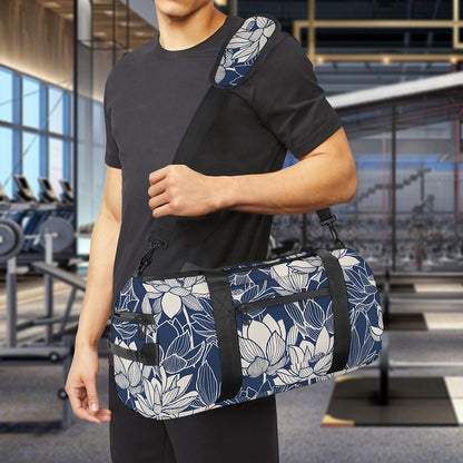 White And Blue Lotus Flower Print Gym Bag