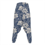 White And Blue Lotus Flower Print Hammer Pants