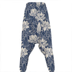 White And Blue Lotus Flower Print Hammer Pants