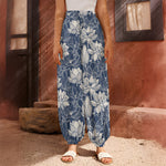 White And Blue Lotus Flower Print Harem Pants