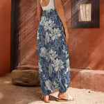 White And Blue Lotus Flower Print Harem Pants