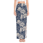 White And Blue Lotus Flower Print High Slit Maxi Skirt