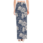 White And Blue Lotus Flower Print High Slit Maxi Skirt