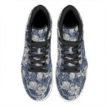 White And Blue Lotus Flower Print High Top Leather Sneakers
