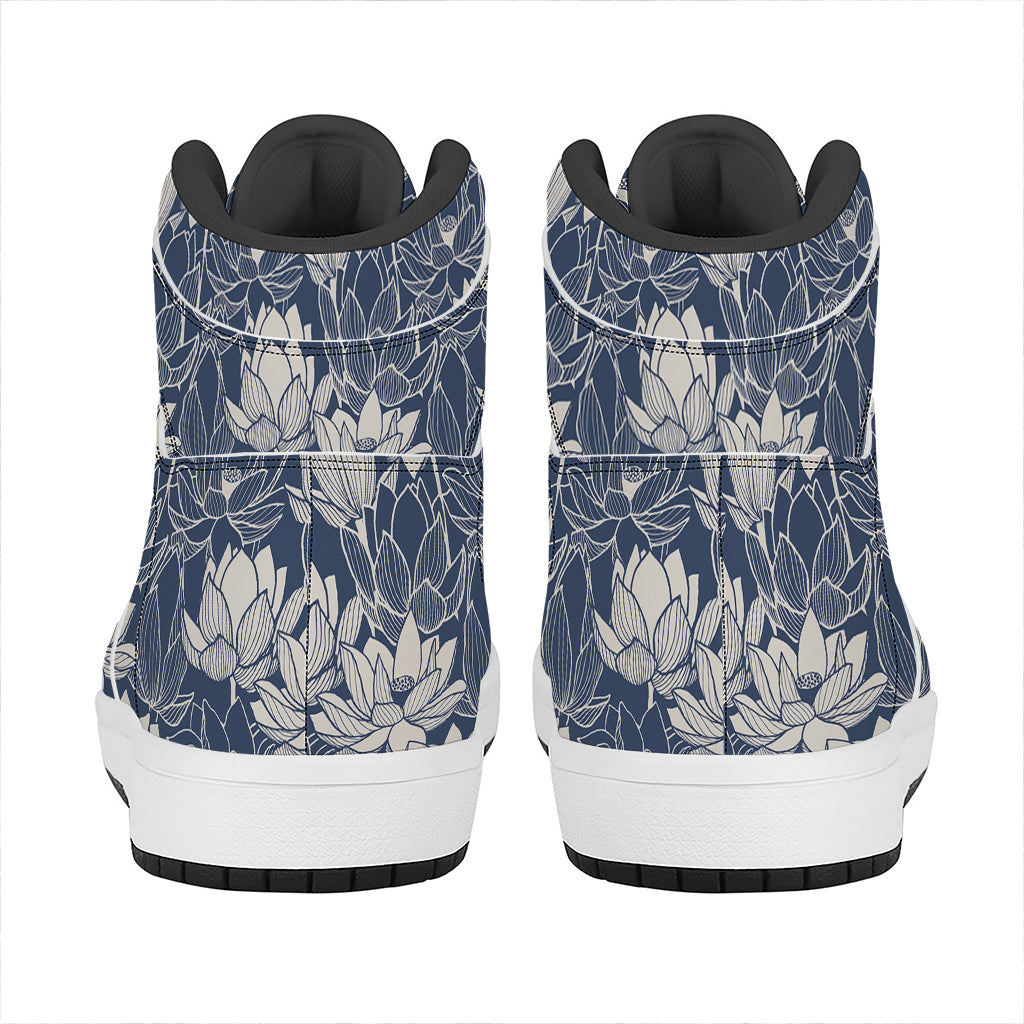 White And Blue Lotus Flower Print High Top Leather Sneakers