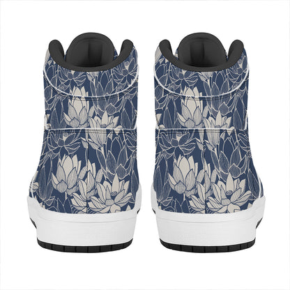 White And Blue Lotus Flower Print High Top Leather Sneakers