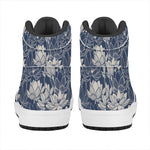 White And Blue Lotus Flower Print High Top Leather Sneakers