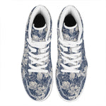 White And Blue Lotus Flower Print High Top Leather Sneakers