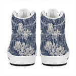 White And Blue Lotus Flower Print High Top Leather Sneakers