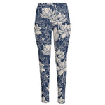 White And Blue Lotus Flower Print High-Waisted Pocket Leggings