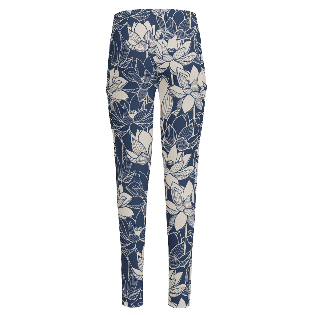 White And Blue Lotus Flower Print High-Waisted Pocket Leggings
