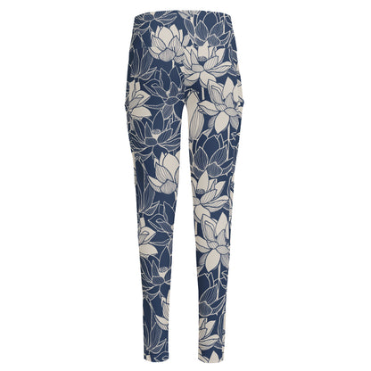 White And Blue Lotus Flower Print High-Waisted Pocket Leggings