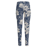 White And Blue Lotus Flower Print High-Waisted Pocket Leggings