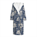 White And Blue Lotus Flower Print Hooded Bathrobe