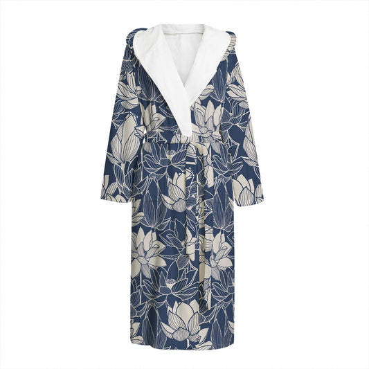 White And Blue Lotus Flower Print Hooded Bathrobe