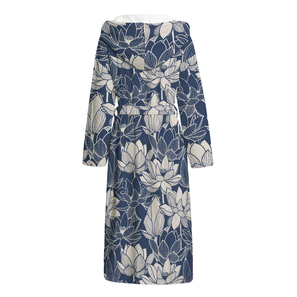 White And Blue Lotus Flower Print Hooded Bathrobe